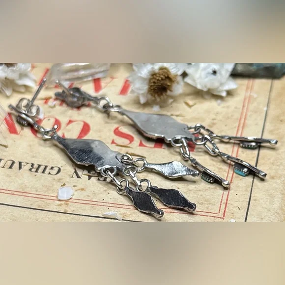 Artisan Native American Sterling Silver Turquoise Chandelier Dangle Earrings - Picture 6 of 10